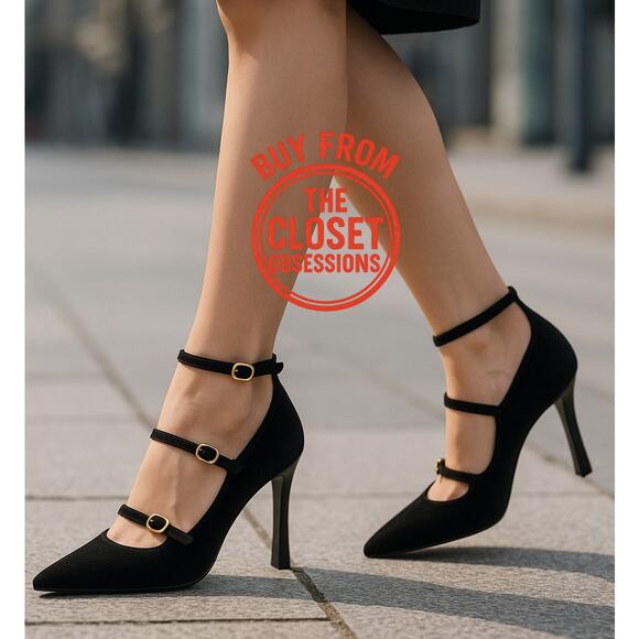 ZARA Blogger Fave!!! Pointed Toe Buckled Velvet High Heels NWT 🖤 - Picture 3 of 16